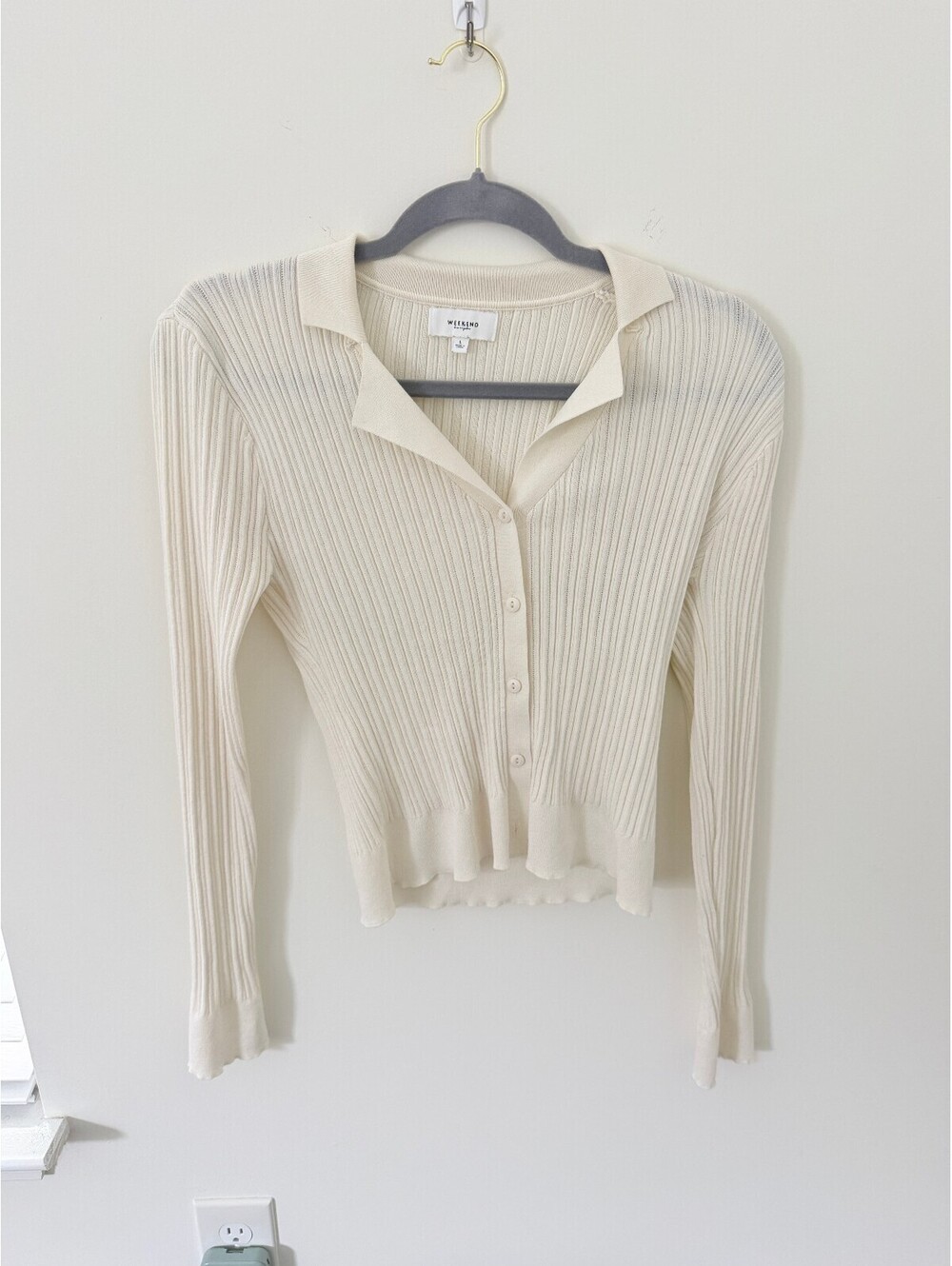 Cream Ribbed Knit Collared Cardigan Sweater Women's Large